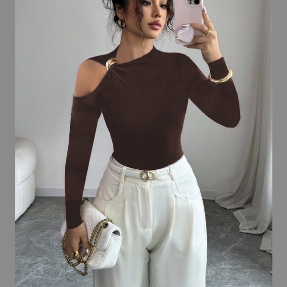 Tops - Chic Minimalist One Shoulder Long Sleeve /Brown